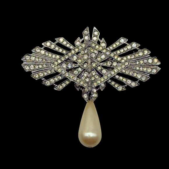 Vintage Art Deco Style Rhinestone Pearl Brooch Pin Teardrop Dangle Accent - Picture 1 of 7